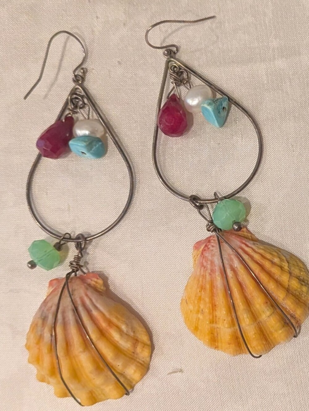 Handmade Hawaiian Sunrise Shell Drop Earrings with Genstones